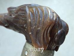 Outanding Carved Horn Greyhound withGlass Eyes Walking Stick Cane withSterling Band