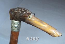 Outanding Carved Horn Greyhound withGlass Eyes Walking Stick Cane withSterling Band