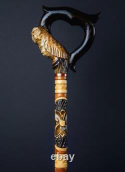 Owl Cane wooden walking stick ergonomic palm grip handle, wood carved walking