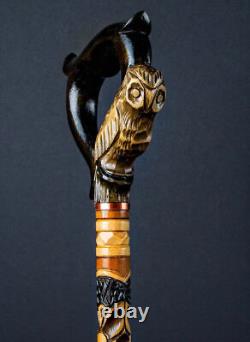 Owl Cane wooden walking stick ergonomic palm grip handle, wood carved walking