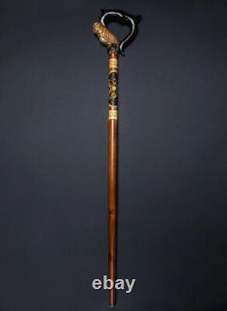 Owl Cane wooden walking stick ergonomic palm grip handle, wood carved walking