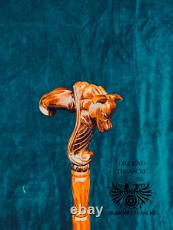 Ox Bull Walking Stick Cane handmade wood crafted comfortable handle hand carved