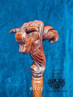 Ox Bull Walking Stick Cane handmade wood crafted comfortable handle hand carved