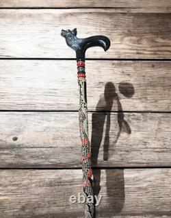 PERSONALIZED Hand Carved Wolf Wooden Walking Stick Cane, Fancy Stick, Rod, Staff