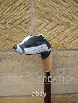 Painted Wood Carved Single Badger Head Handle Hand Walking Stick Gif