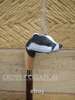 Painted Wood Carved Unique Badger Head Handle Hand Wooden Walking Stick