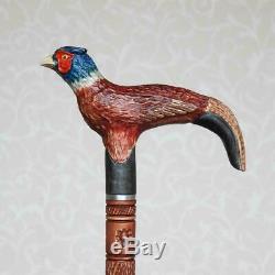 Pheasant wooden cane Hand carved handle and shaft Custom walking cane