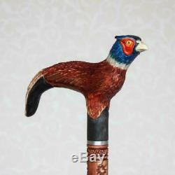 Pheasant wooden cane Hand carved handle and shaft Custom walking cane