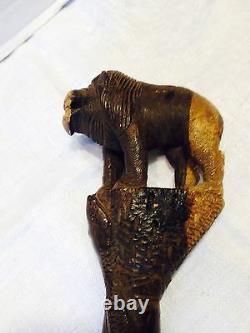 Primative Hand Carved Folk Art Walking Stick/Cane -Snake, Rhino Hoof, Wild Beast