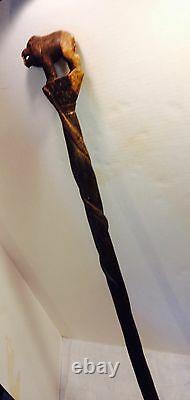 Primative Hand Carved Folk Art Walking Stick/Cane -Snake, Rhino Hoof, Wild Beast