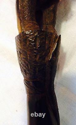 Primative Hand Carved Folk Art Walking Stick/Cane -Snake, Rhino Hoof, Wild Beast