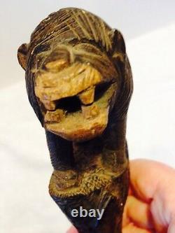 Primative Hand Carved Folk Art Walking Stick/Cane -Snake, Rhino Hoof, Wild Beast