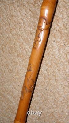 Qing Dynasty Chinese Bamboo Walking Stick / Cane Hand-Carved & Root Ball Crook