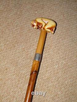 Qing Dynasty Chinese Bamboo Walking Stick/Cane With Carved Monkey Top 83.5cm