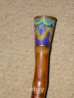 Qing Dynasty Chinese Carved Bamboo Walking Cane/Stick Enamel Dragon Top 92cm