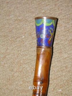 Qing Dynasty Chinese Carved Bamboo Walking Cane/Stick Enamel Dragon Top 92cm