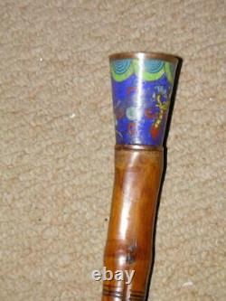 Qing Dynasty Chinese Carved Bamboo Walking Cane/Stick Enamel Dragon Top 92cm