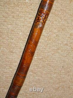 Qing Dynasty Chinese Carved Bamboo Walking Cane/Stick Enamel Dragon Top 92cm