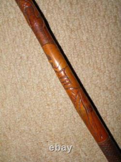 Qing Dynasty Chinese Hand-Carved Bamboo Walking Cane With Root Ball Top 89cm