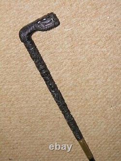 Qing Dynasty Chinese Hand-Carved Dragon & Pattern Shaft Walking Cane 82cm