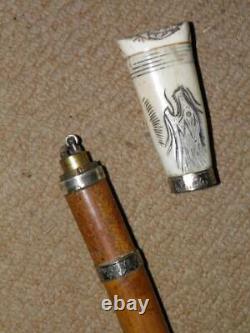 Qing Dynasty Gadget Lighter Chinese Walking Stick/Cane With Carved Fish & Man Top