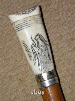 Qing Dynasty Gadget Lighter Chinese Walking Stick/Cane With Carved Fish & Man Top