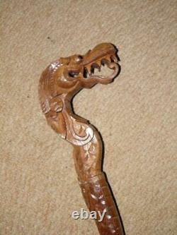 Qing Dynasty Hand-Carved Chinese Dragon Walking Stick/Cane With Glass Eyes -97.5cm
