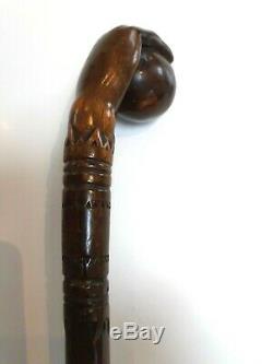 Quality Carved Antique Swagger Walking Stick Cane Cricket Ball In Hand 36 Inch