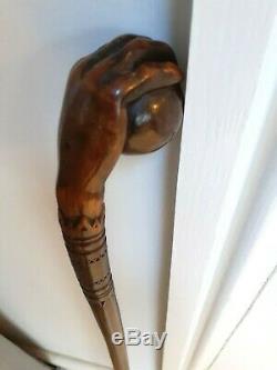 Quality Carved Antique Swagger Walking Stick Cane Cricket Ball In Hand 36 Inch