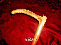 Quality Mans Vintage Carved Stag Antler Handled Cane Walking Stick