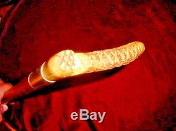 Quality Mans Vintage Carved Stag Antler Handled Cane Walking Stick