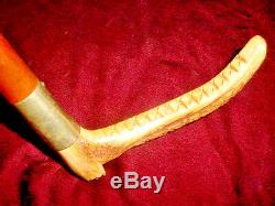 Quality Mans Vintage Carved Stag Antler Handled Cane Walking Stick