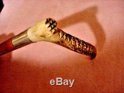 Quality Mans Vintage Carved Stag Antler Handled Cane Walking Stick