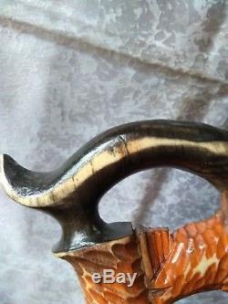 RARE Vintage carved Walking Stick wooden Cane with open Handle knife Goat