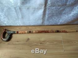 RARE Vintage carved Walking Stick wooden Cane with open Handle knife animal face