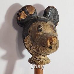 RARE Vtg 1930s Disney Original Wood Carved Mickey Mouse Walking Stick Cane 30