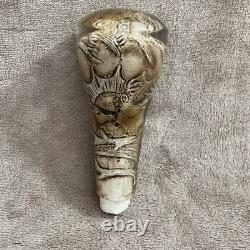RUSTIC VINTAGE Buck & Doe Carved Cane/Walking Stick Handle Antler & Resin