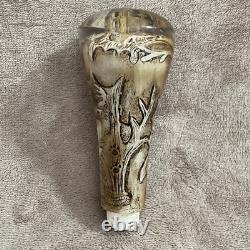 RUSTIC VINTAGE Buck & Doe Carved Cane/Walking Stick Handle Antler & Resin