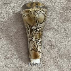 RUSTIC VINTAGE Buck & Doe Carved Cane/Walking Stick Handle Antler & Resin