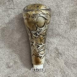RUSTIC VINTAGE Buck & Doe Carved Cane/Walking Stick Handle Antler & Resin