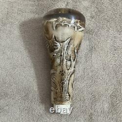RUSTIC VINTAGE Buck & Doe Carved Cane/Walking Stick Handle Antler & Resin