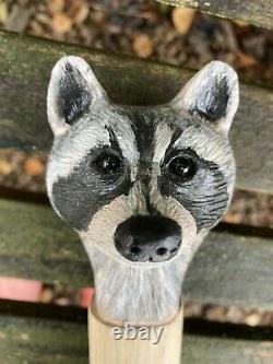 Raccoon Head Hand Carved in Lime wood Country Walking stick on Hazel Shank