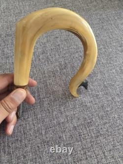 Rams Horn Crook Handle, Hand Carved Cow Head