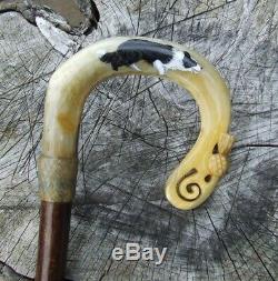 Rams Horn Shepherds Crook Hand Carved Thistle And Painted Border Collie
