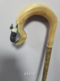 Rams Horn Shepherds Crook With Hand Carved Sheepdog. Hazel Shank. 53inch