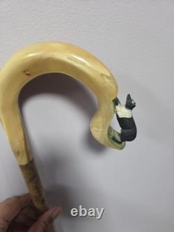 Rams Horn Shepherds Crook With Hand Carved Sheepdog. Hazel Shank. 53inch
