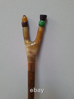 Rams horn Thumbstick With Carved Thistle And Acorn. 53 Inches Tall. Very RARE