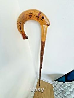 Rams horn carved hazel wood walking stick with Fish Salmon. 50