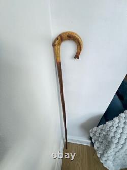 Rams horn carved hazel wood walking stick with Fish Salmon. 50