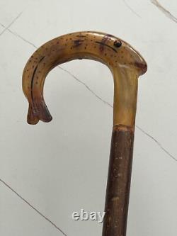 Rams horn carved hazel wood walking stick with Fish Salmon. 50